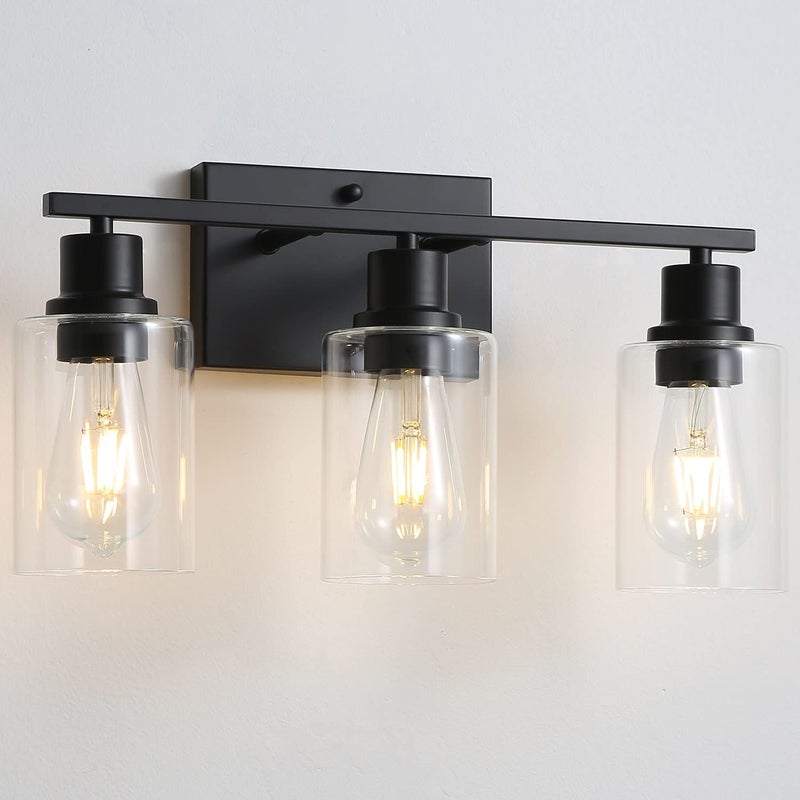 EMONG 3-Lights Bathroom Light Fixtures, Matte Black Vanity Light with Glass Shade, Modern Wall Sconces Lighting for Bathroom,Mirror,Farmhouse,Hallway - Image 1